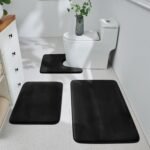 HUXMEYSON Bathroom Rugs Sets 3 Piece, Ultra Soft Velvet Memory Foam Bath Rugs, Non-Slip & PVC Backing Bathroom Mat Set, Washable Quick Dry Bath Rug - Black