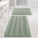 H.VERSAILTEX Sage Bathroom Rugs, Bath Mat Set of 2 Extra Thick Chenille Striped Pattern Shaggy Bath Rugs for Bath Room, Non Skid Bath Mats for Bathroom Floor (32 x 20 Plus 24 x 17 - Inches)