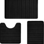 Bathroom Rugs Set Memory Foam Bath Rugs Non-Slip Bath Mat Set 3 Piece,Washable Bathroom Mats,Absorbent Shaggy Rugs Super Soft U-Shaped Toilet Rug,Bahroom Carpets for Bathroom,Tub,Shower（Black）