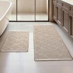 Waffle Bath Mat Set, Non Slip Bathroom Rugs Sets 2 Piece, Ultra Absorbent Long Bath Rug Runner for Bathroom Boho Chic Decor, Machine Washable Floor Mats, Brown & White, 20"×47" Plus 18"×30"