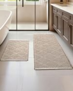 Waffle Bath Mat Set, Non Slip Bathroom Rugs Sets 2 Piece, Ultra Absorbent Long Bath Rug Runner for Bathroom Boho Chic Decor, Machine Washable Floor Mats, Brown & White, 20"×47" Plus 18"×30"