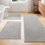 YIHOUSE Gray Bathroom Rugs Sets 3 Piece, Quick Dry Thin Bath Mat with Toilet Rug, Non Slip Absorbent Machine Washable, Bath Runner Rugs for Bathtub Sink Home Decor