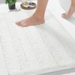 Yimobra Bathroom Rug Mat, Non Slip and Super Absorbent Bath Mat, Machine Washable Quick Dry, Ultra Plush Chenille Shower Rugs for Bathroom Floor Sink Tub and Shower Outside, White, 24 x 17